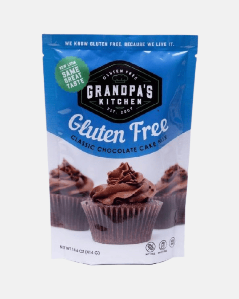 A bag of Grandpa's Kitchen gluten-free Chocolate Cake mix